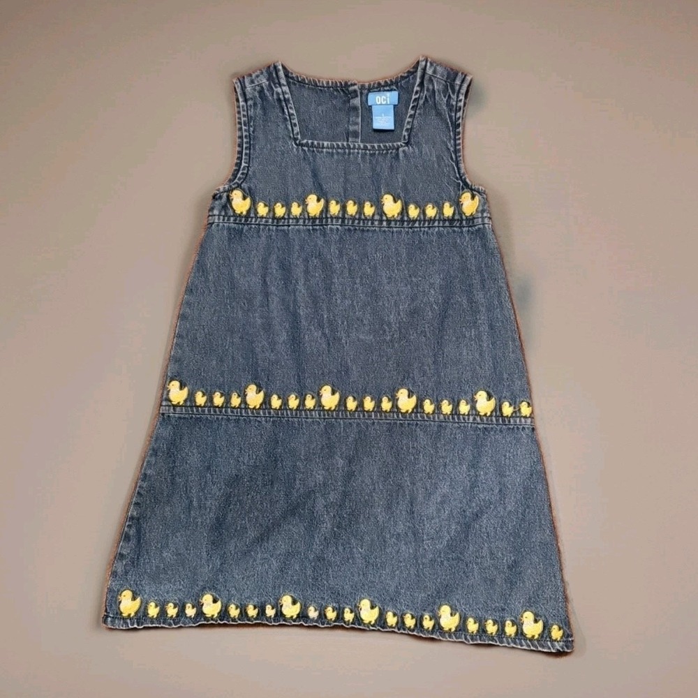 Vintage OCI Size 6 Denim Jumper Ducks Embroidered Blue Jean Y2K Midi